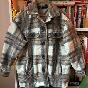 Zara Women's Checkered Utility Jacket - Cream and Gray
